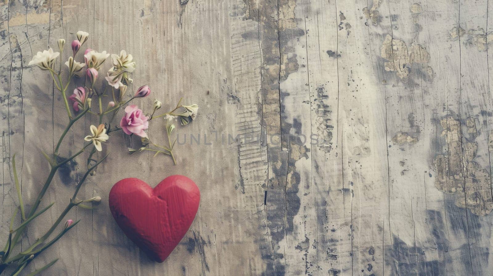 A vibrant red heart placed next to a colorful bouquet of flowers, showcasing a beautiful contrast of colors and textures. The heart and flowers are the main focal points of the composition, exuding love and beauty.