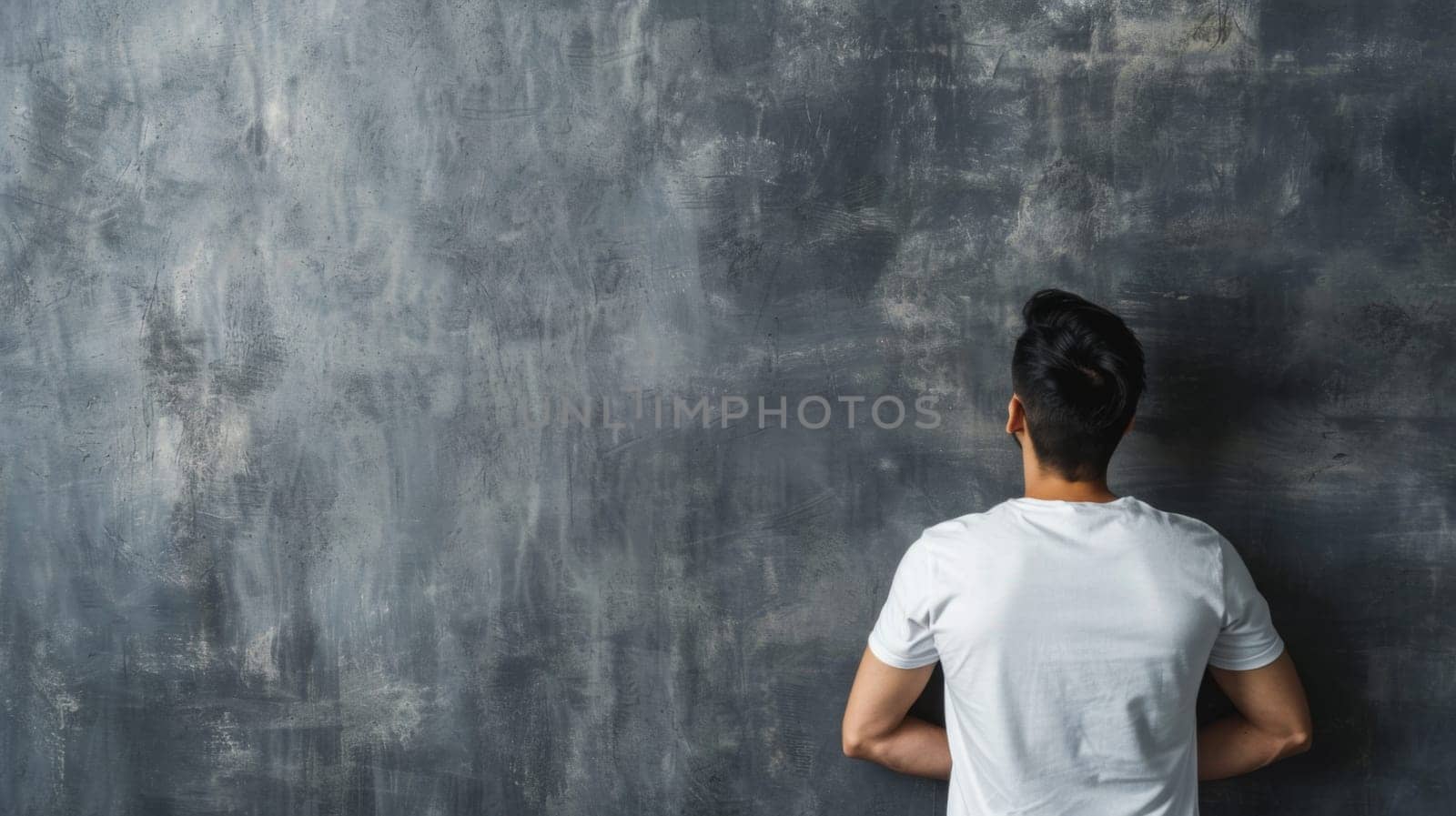 A man is standing in front of a gray wall, looking directly at the camera. He is wearing a casual outfit. The wall is plain and without any decorations.