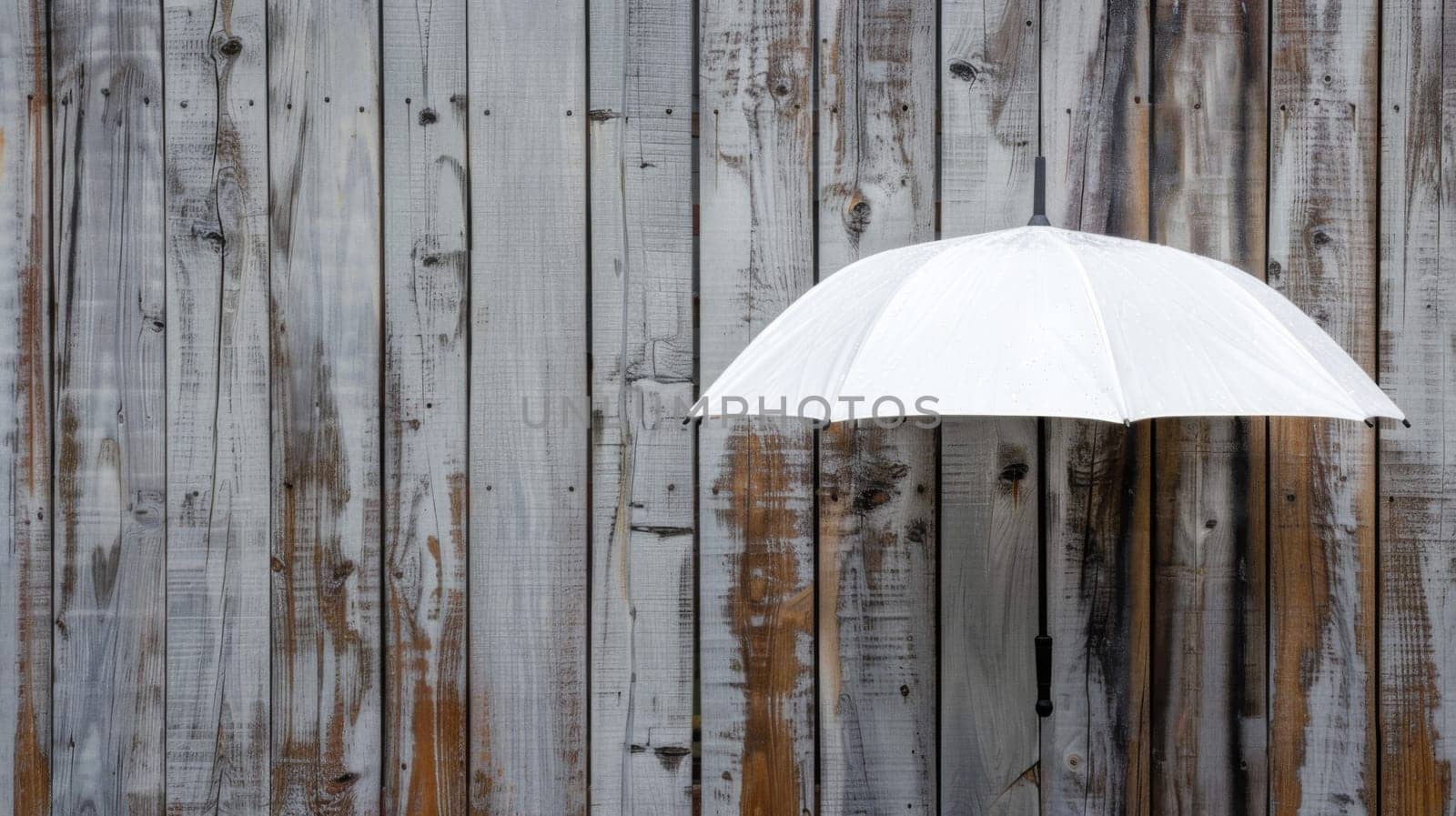 A white umbrella is positioned in front of a weathered wooden fence, creating a simple yet striking visual contrast. The umbrellas fabric is pristine against the aged wood, standing out as a focal point in the scene.