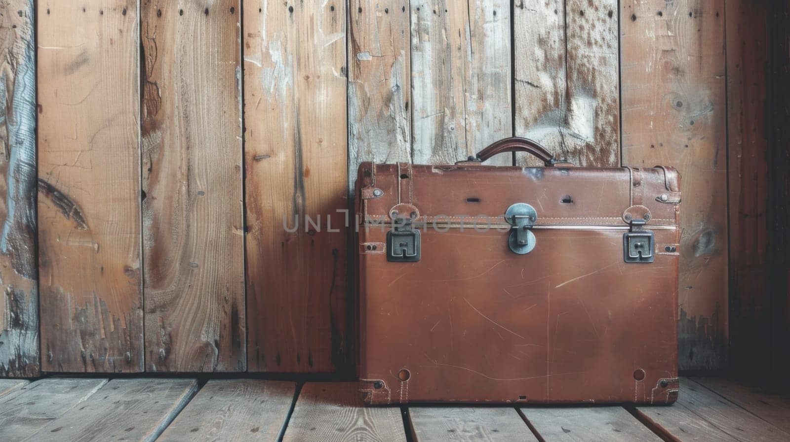 A brown suitcase placed atop a wooden floor, creating a simple yet practical scene. The suitcase stands out against the warm tones of the floor, providing a stark contrast in textures.