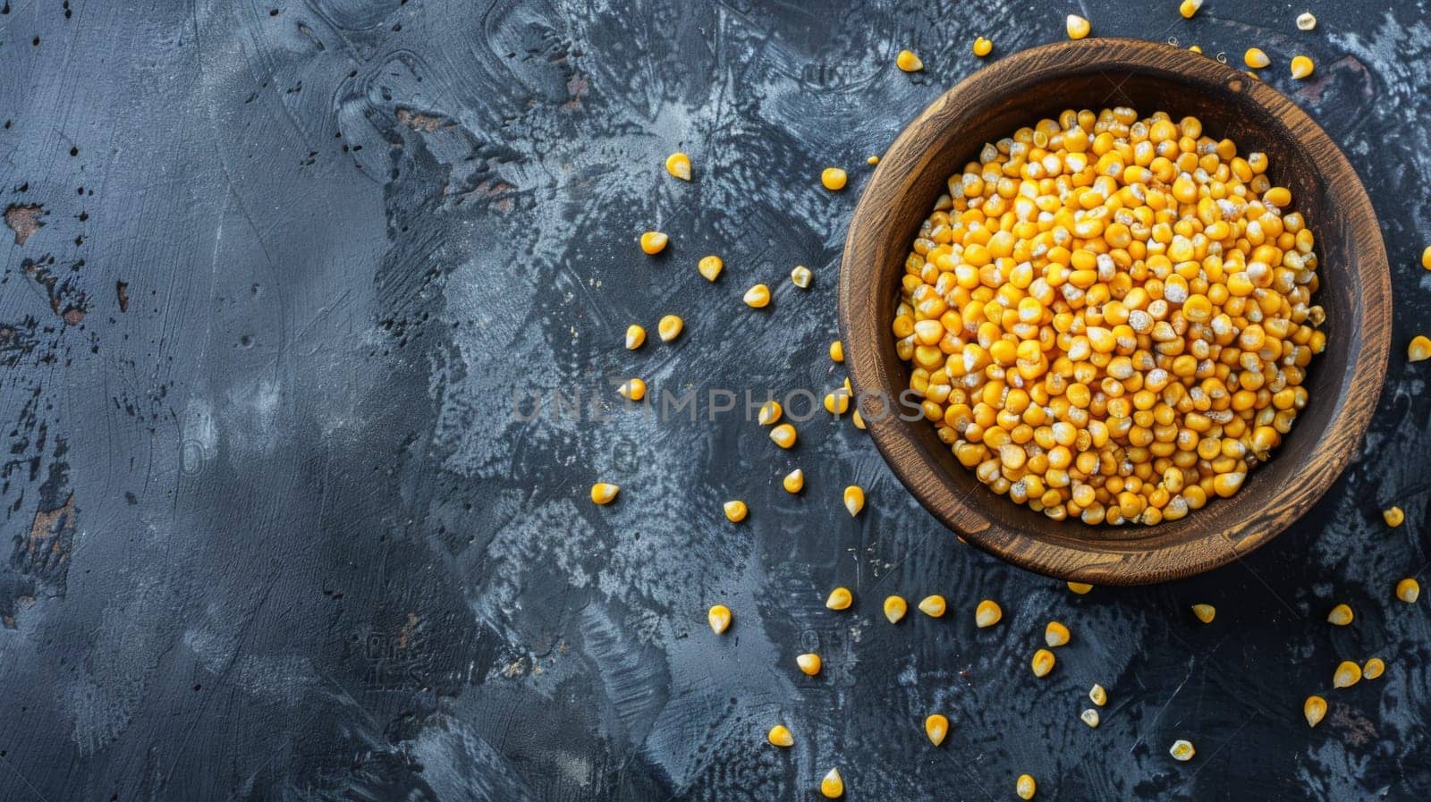 A wooden bowl filled with yellow corn sits on top of a wooden table. The corn kernels are neatly arranged in the bowl, creating a natural and rustic display.