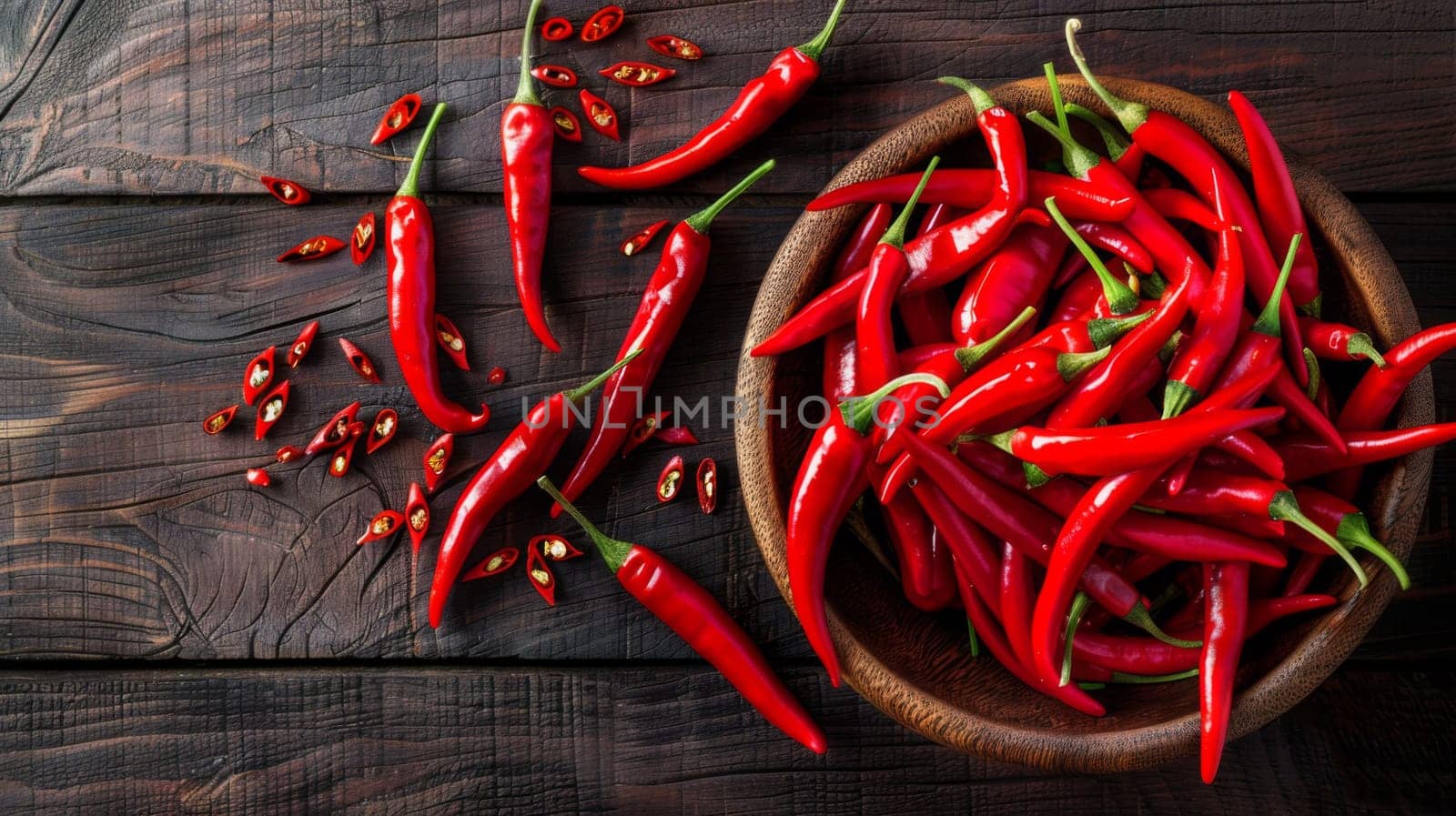 A wooden table is adorned with a bowl filled with vibrant red peppers. The peppers are neatly arranged and ready to be used for cooking or snacking.