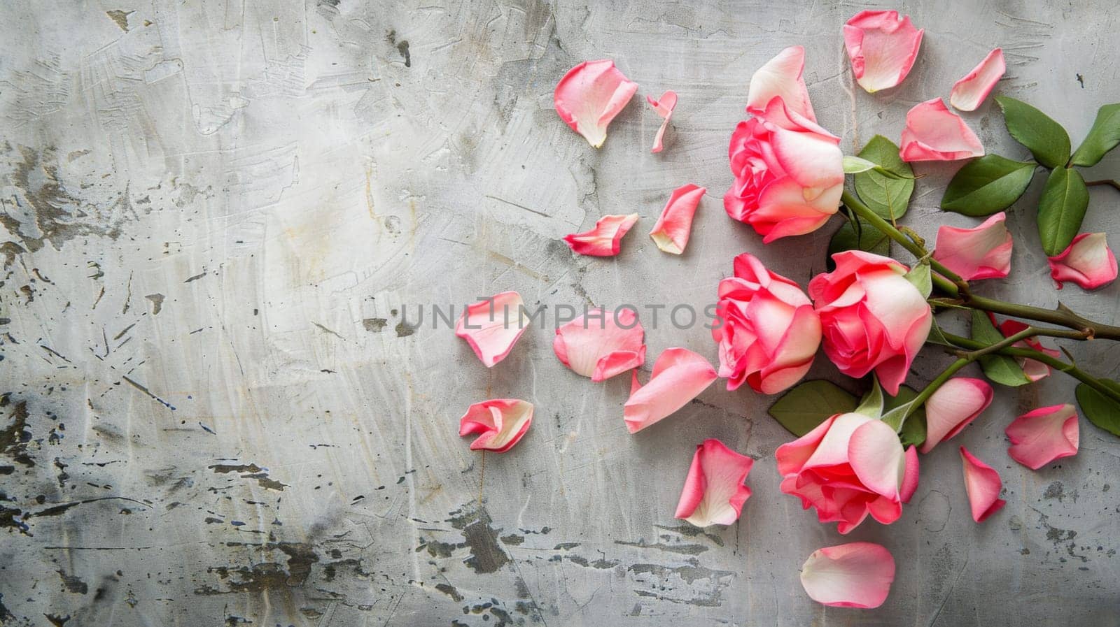 A cluster of vibrant pink roses juxtaposed against a neutral gray backdrop. The flowers are in full bloom, showcasing their delicate petals and lush green stems in sharp detail.