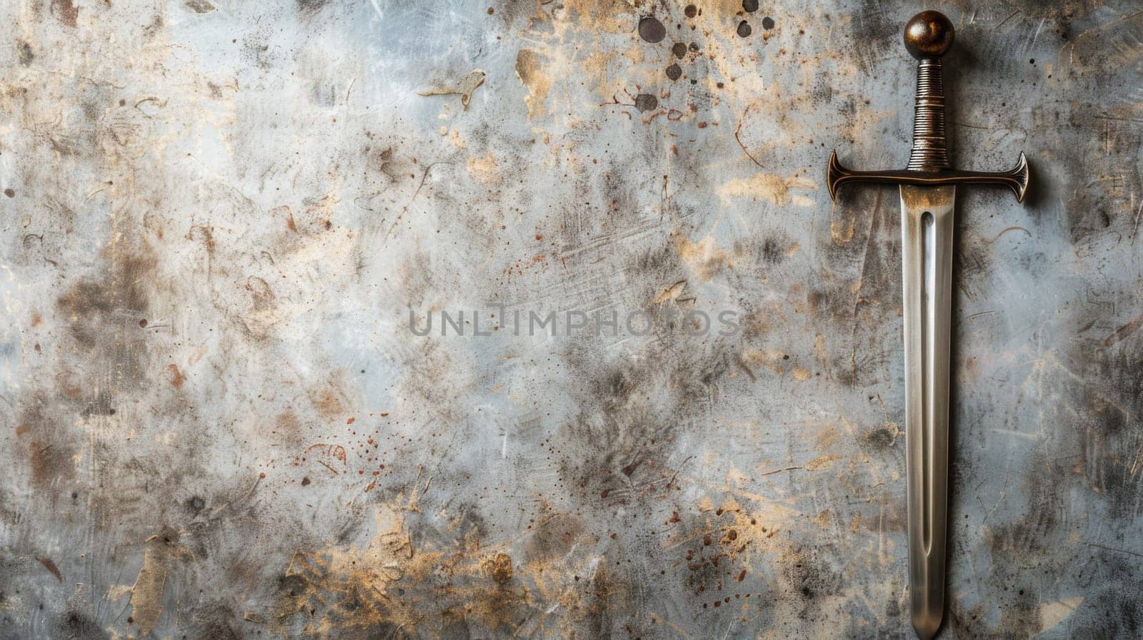 A rusty sword lies abandoned on a cold, metal surface, showing signs of neglect and decay. The orange-brown rust contrasts sharply with the sleek silver of the metal, hinting at its age and lack of care.