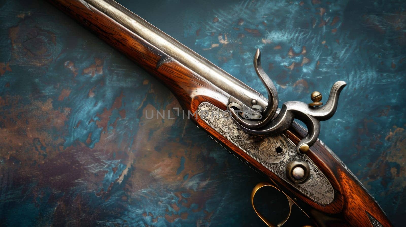 A close-up view of a gun placed on a wooden table. The gun is the main subject of the image, with details of its design and features clearly visible.