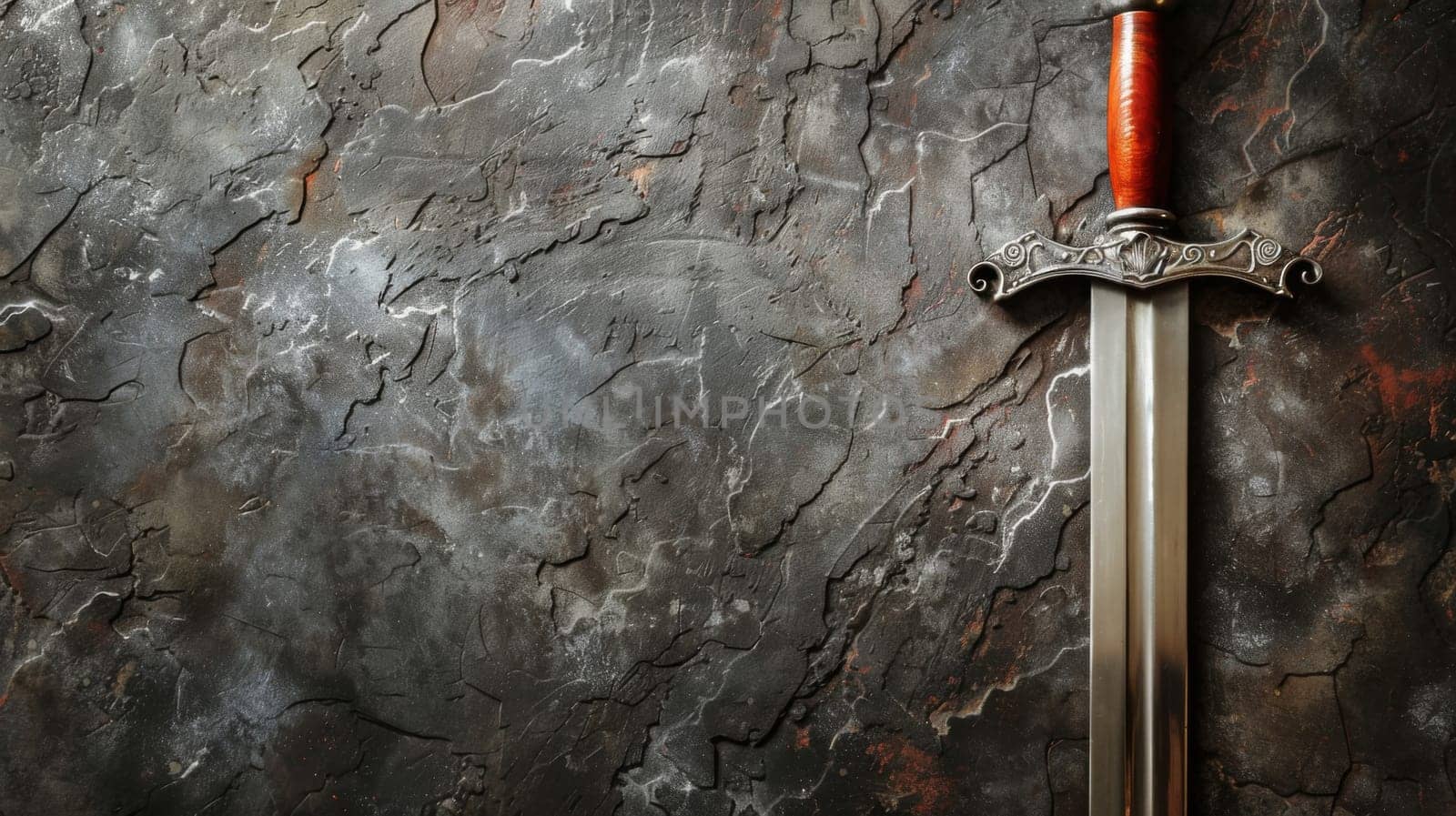 A sword with a wooden handle leans against a rough stone wall, creating a striking contrast between the organic and the man-made elements. The sword appears to be in a state of rest or readiness, its blade gleaming in the light.