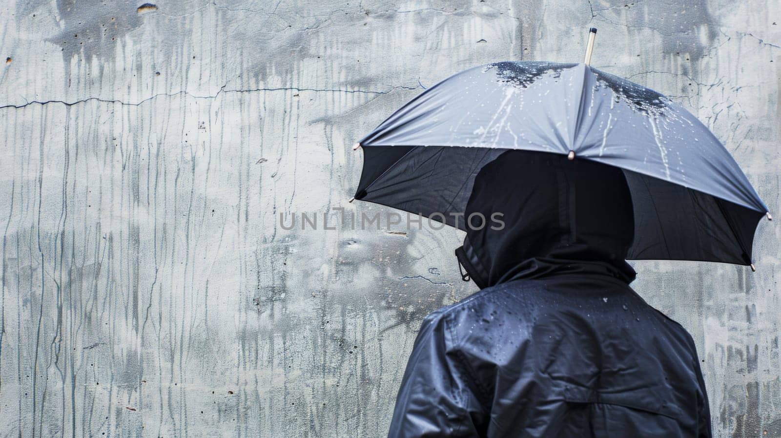 A person holding an umbrella stands in front of a wall, shielding themselves from the rain. The figure appears to be waiting or taking shelter from the weather.