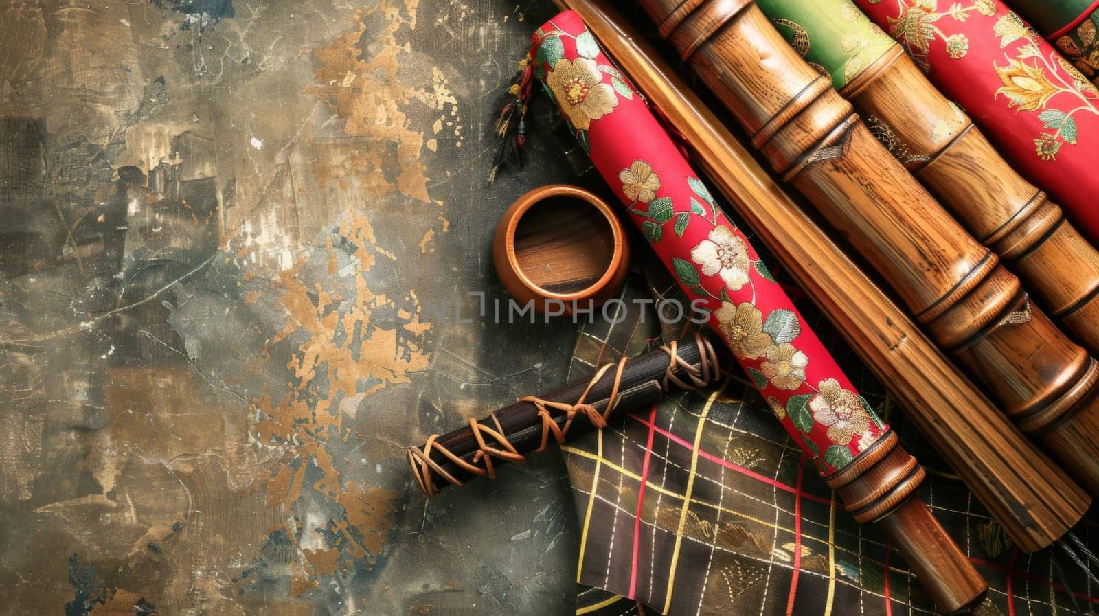 A collection of bamboo sticks neatly arranged in a pile on a wooden table surface. The bamboo sticks are of varying lengths and widths, creating a sense of texture and natural simplicity.