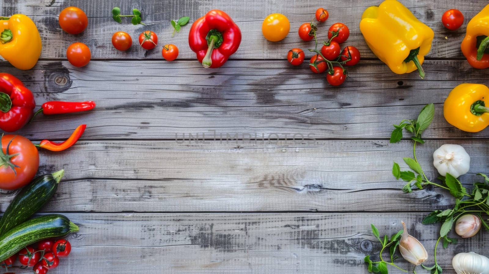 A wooden table is filled with an assortment of fresh vegetables, including carrots, tomatoes, bell peppers, cucumbers, and zucchinis. The vegetables are neatly arranged, showcasing their vibrant colors and textures.