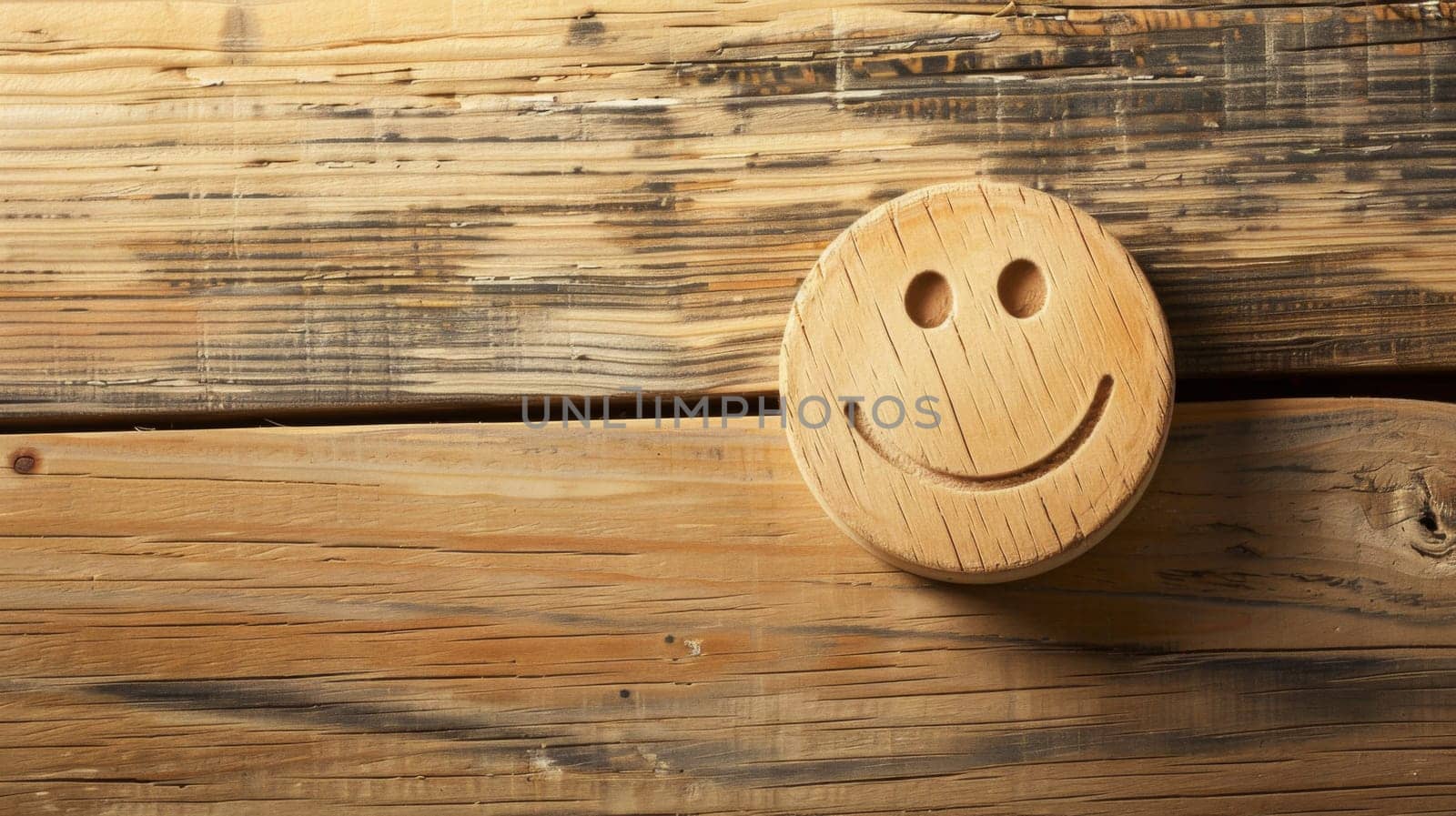 A wooden smiley face is positioned on a flat wooden surface. The smiley face is carved into the wood and has a cheerful expression.