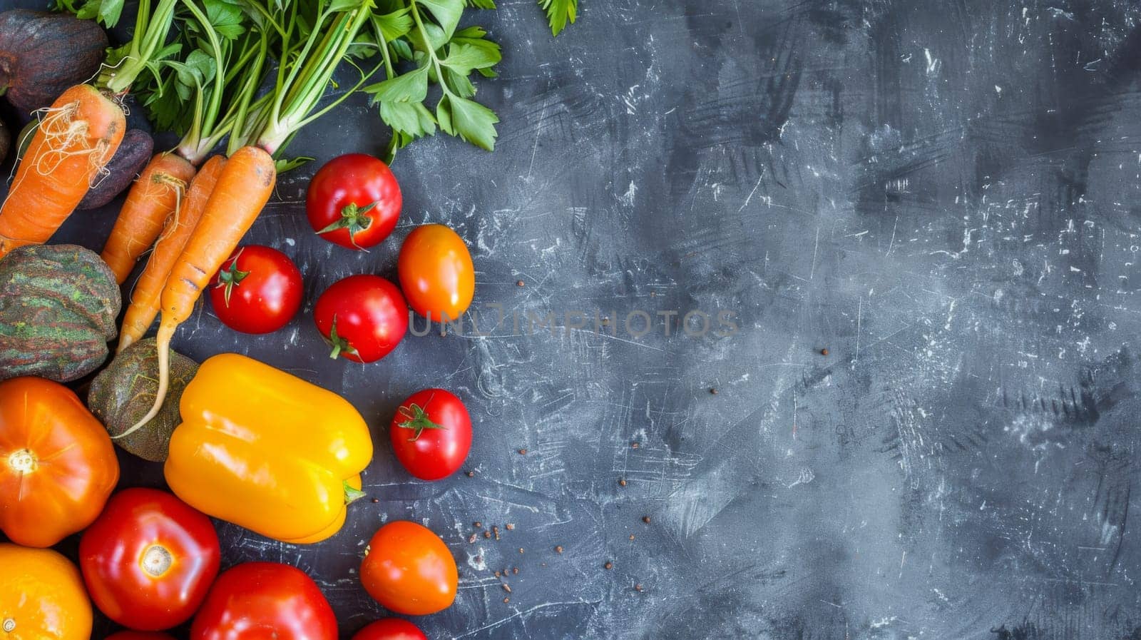 A variety of fresh vegetables, including tomatoes, carrots, bell peppers, cucumbers, and lettuce, are displayed on a wooden table. The colorful assortment creates a vibrant and healthy scene.