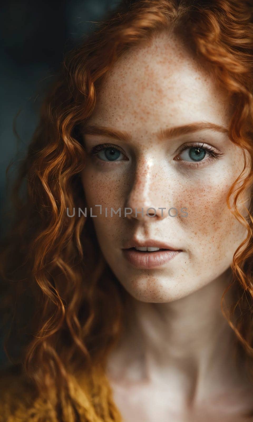 Portrait of a beautiful redhead girl with freckles on her face. ai generative.