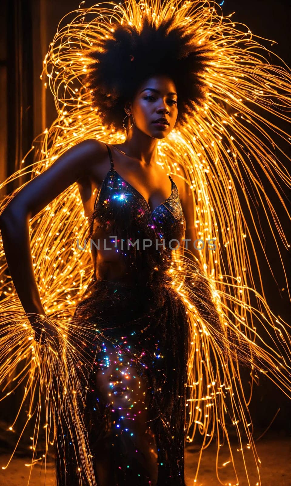 Beautiful african american woman with afro hairstyle and outlined in light. ai generative.