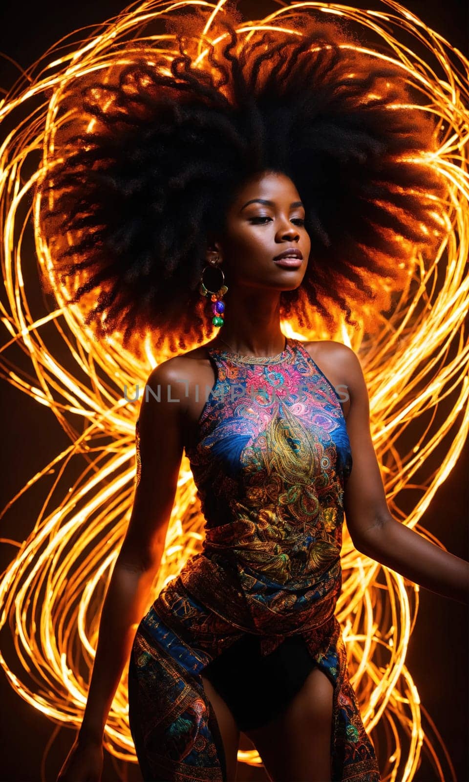 Beautiful african american woman with afro hairstyle and outlined in light. ai generative.