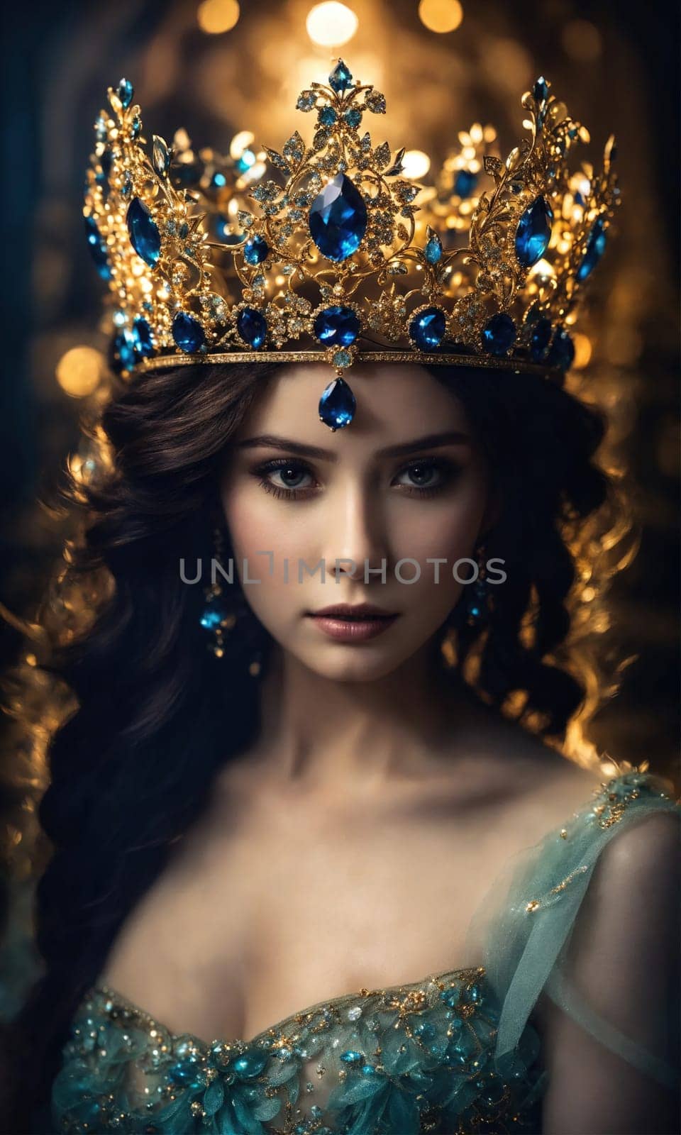 Portrait of beautiful young woman in crown. Luxury makeup and hairstyle. ai generative.