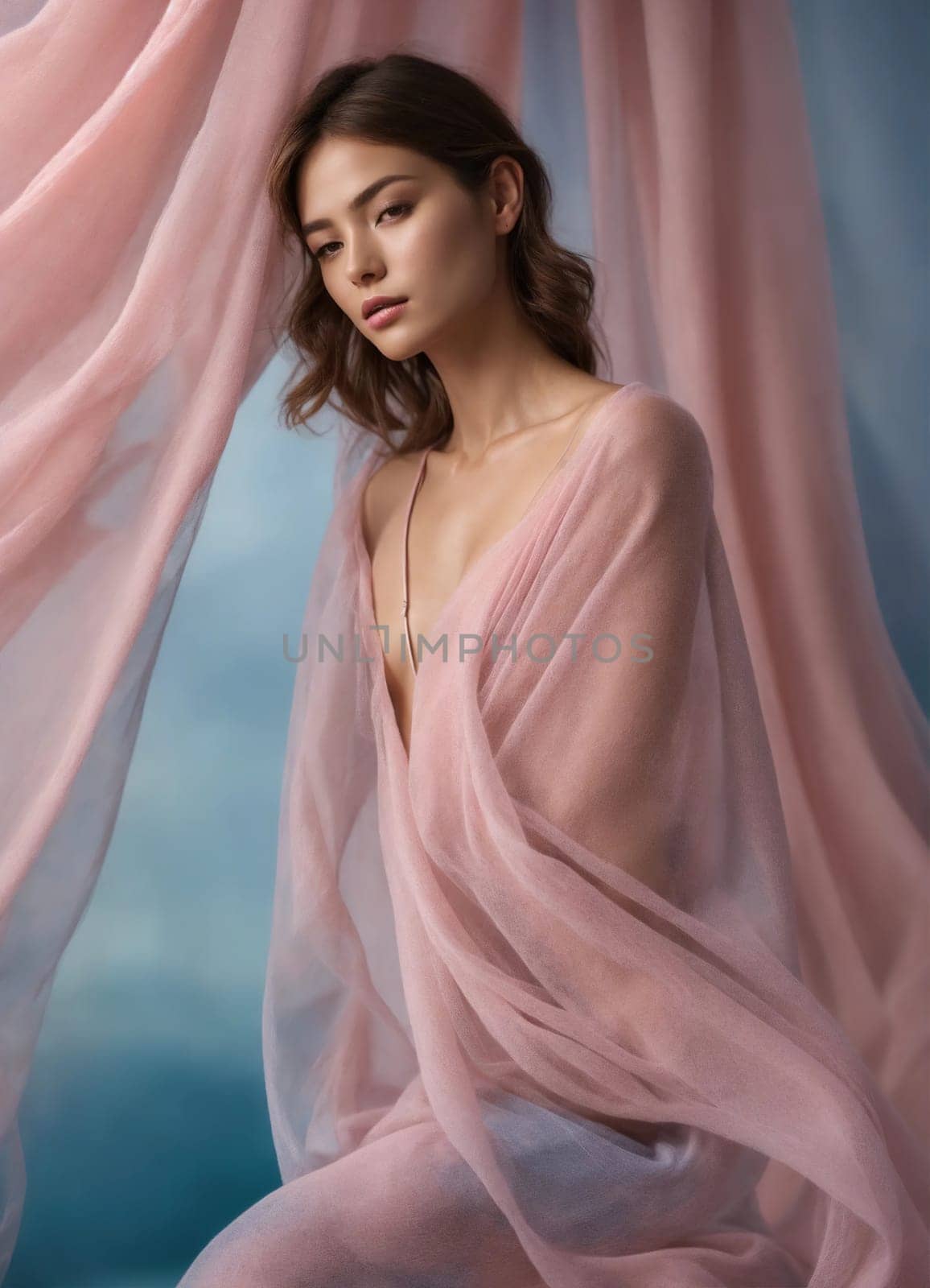 Seductive young woman in pink lingerie covering her body with pink cloth. ai generative.