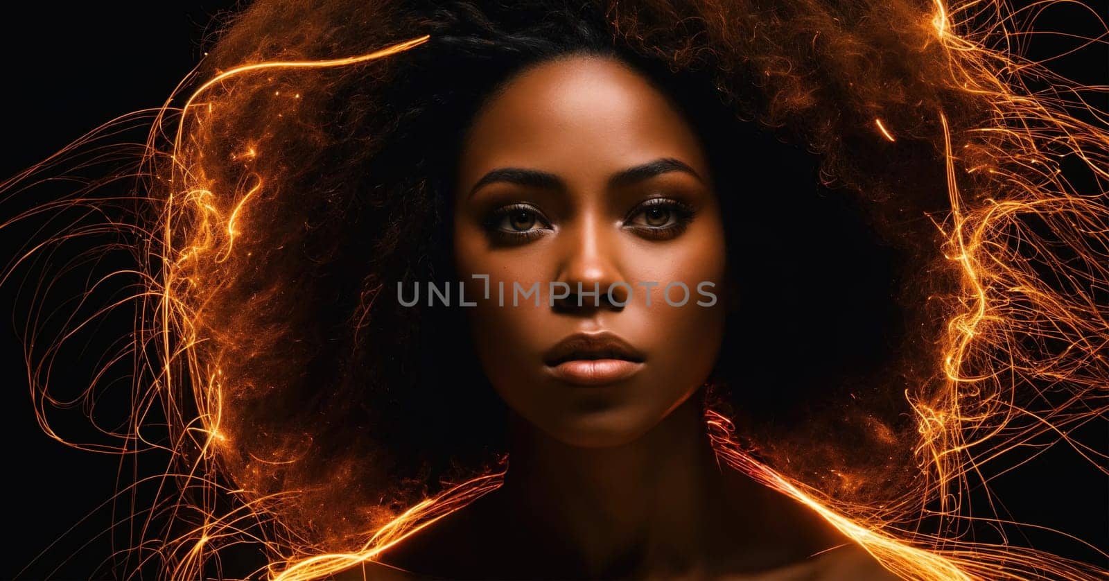 Beautiful african american woman with afro hairstyle and outlined in light. ai generative.