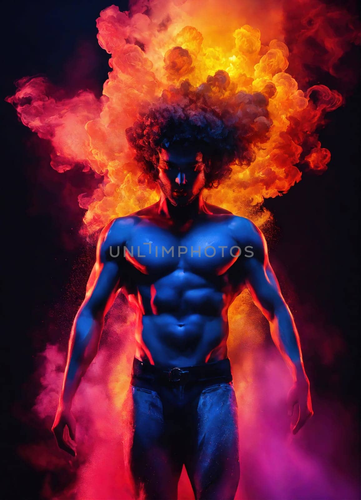 Beautiful young man with colorfull hair in colorful smoke. ai generative.