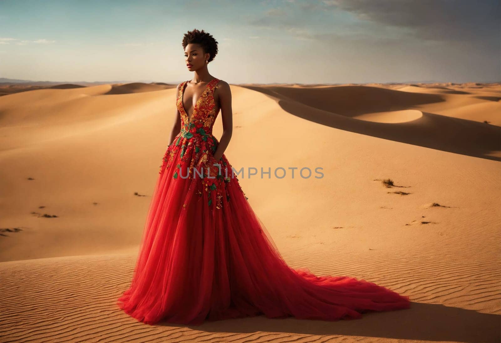 fashion photo of beautiful woman in a long luxurious dress posing. ai generative.