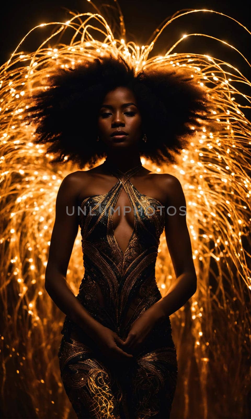 Beautiful african american woman with afro hairstyle and outlined in light. ai generative.