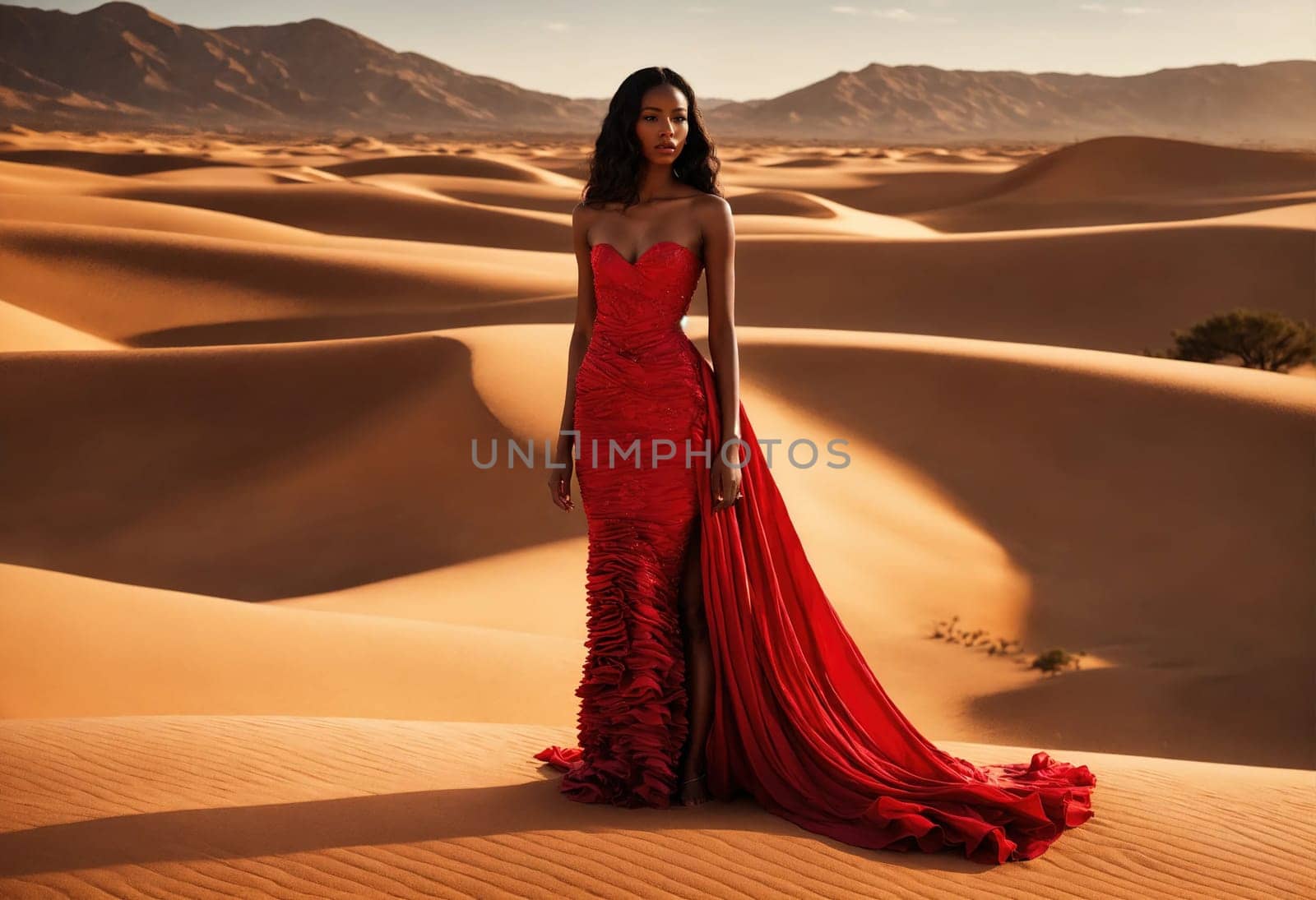 fashion photo of beautiful woman in a long luxurious dress posing. ai generative.
