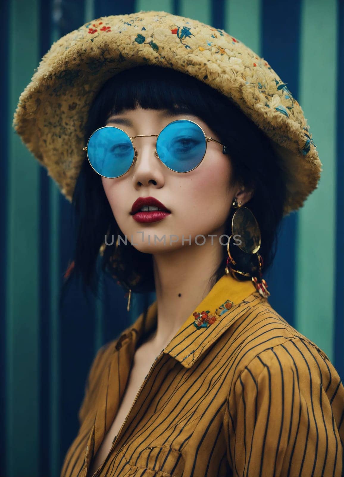 Fashion portrait of young beautiful asian woman with short hairstyle and sunglasses in a stylish dress. ai generative.