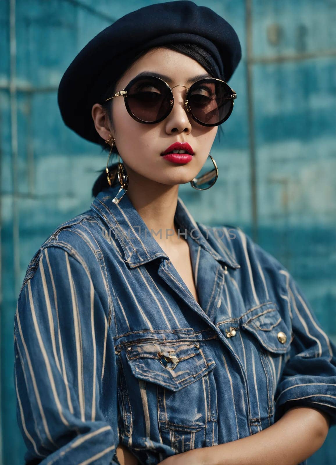 Fashion portrait of young beautiful asian woman with short hairstyle and sunglasses in a stylish dress. ai generative.
