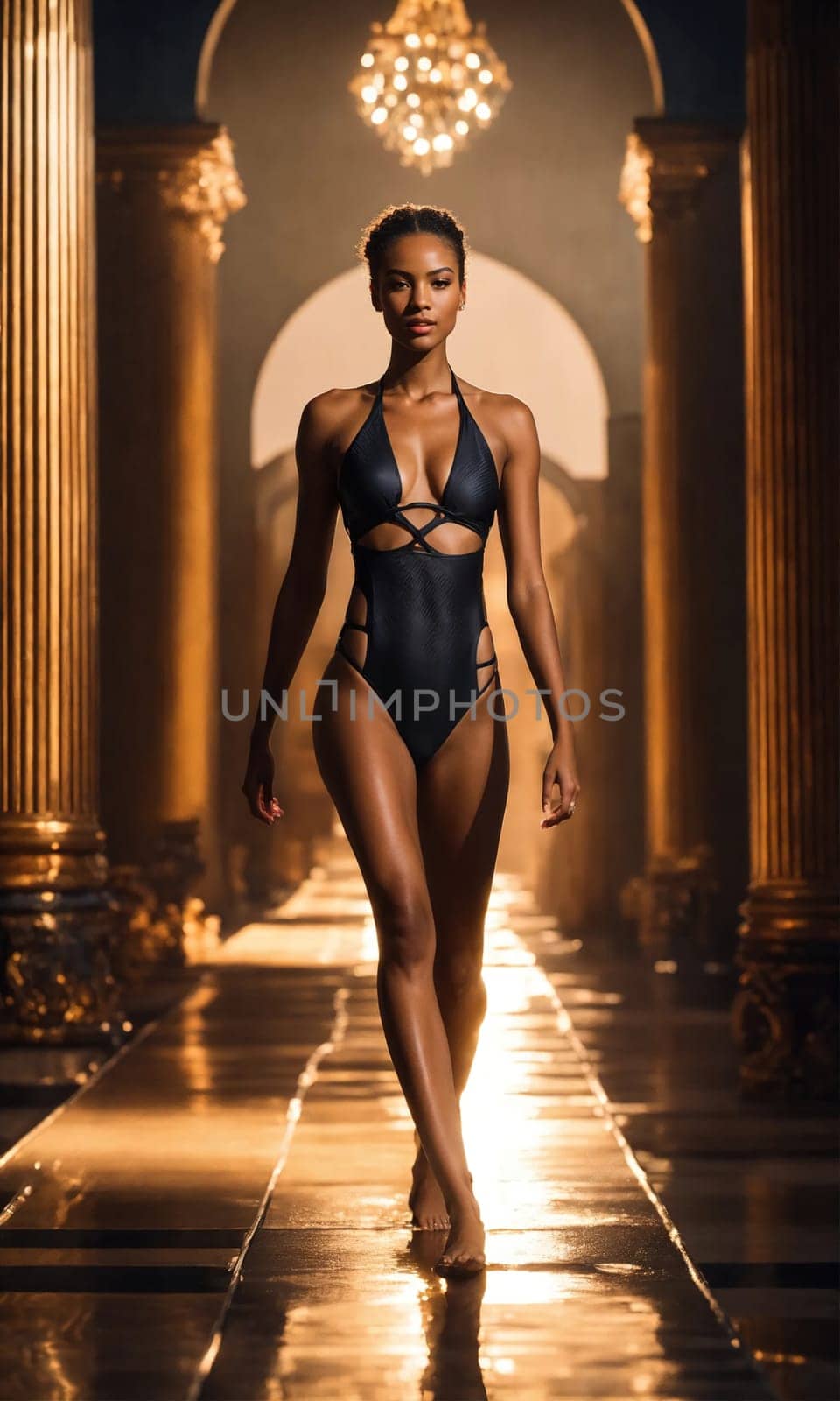 Fashionable brunette woman model in a swimsuit posing. ai generative.