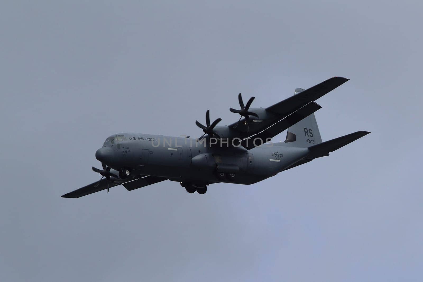 Kaiserslautern, Germany August 15, 2019: A US Air Force Lockheed C-130 Hercules approaching Ramstein Air Base