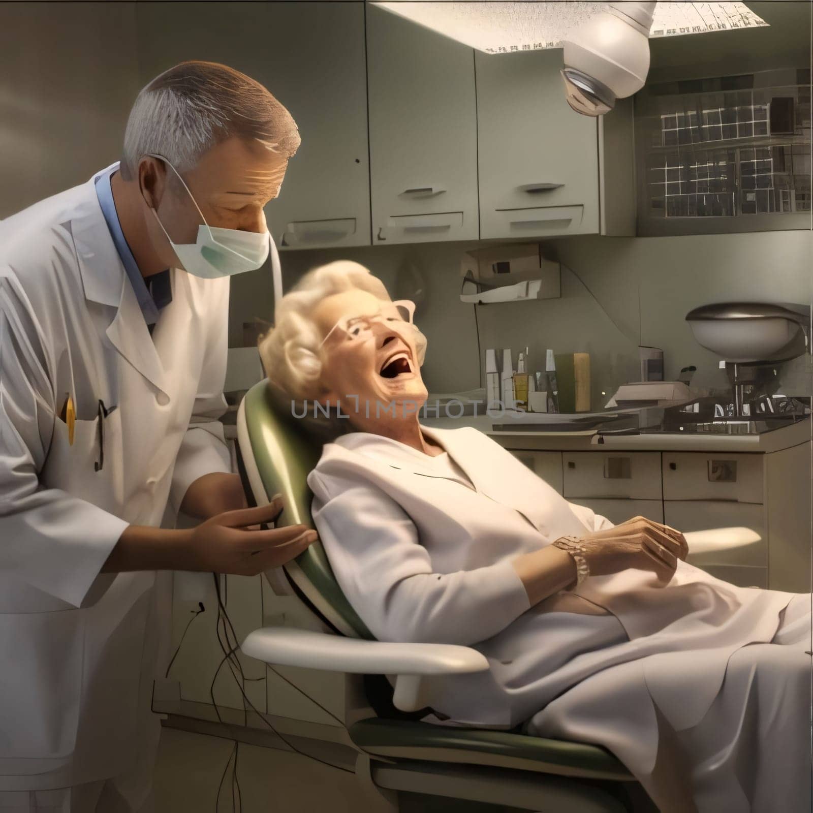 Hospital and doctors help: Smiling senior woman sitting in a dental chair while a dentist is examining her teeth
