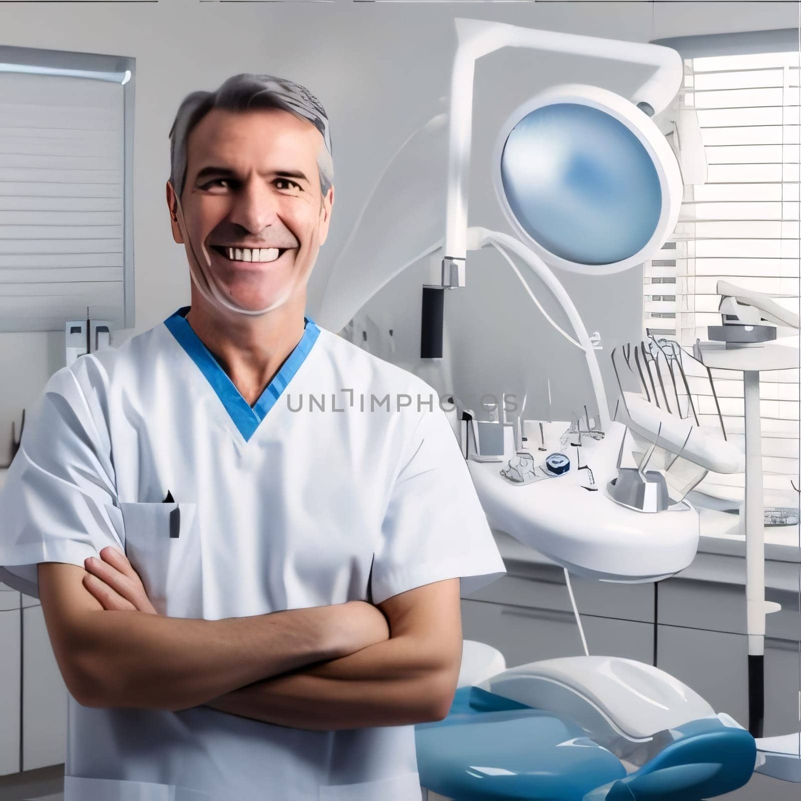 Hospital and doctors help: Portrait of smiling male dentist standing with arms crossed in dental clinic