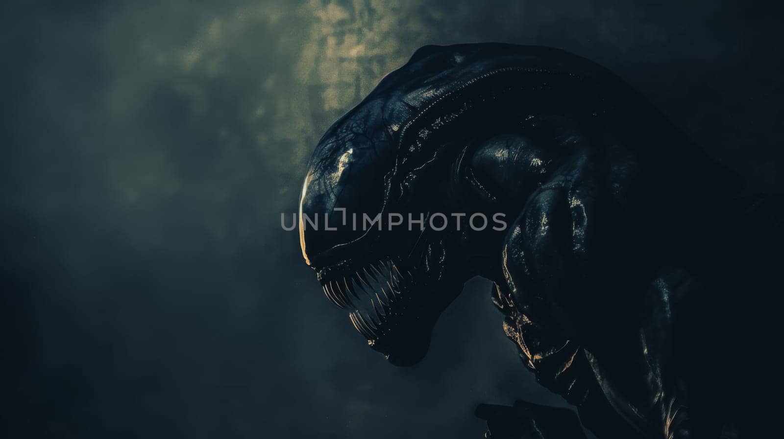 A detailed view of an aliens face illuminated in a dimly lit dark room, showcasing its unique features and mysterious appearance.