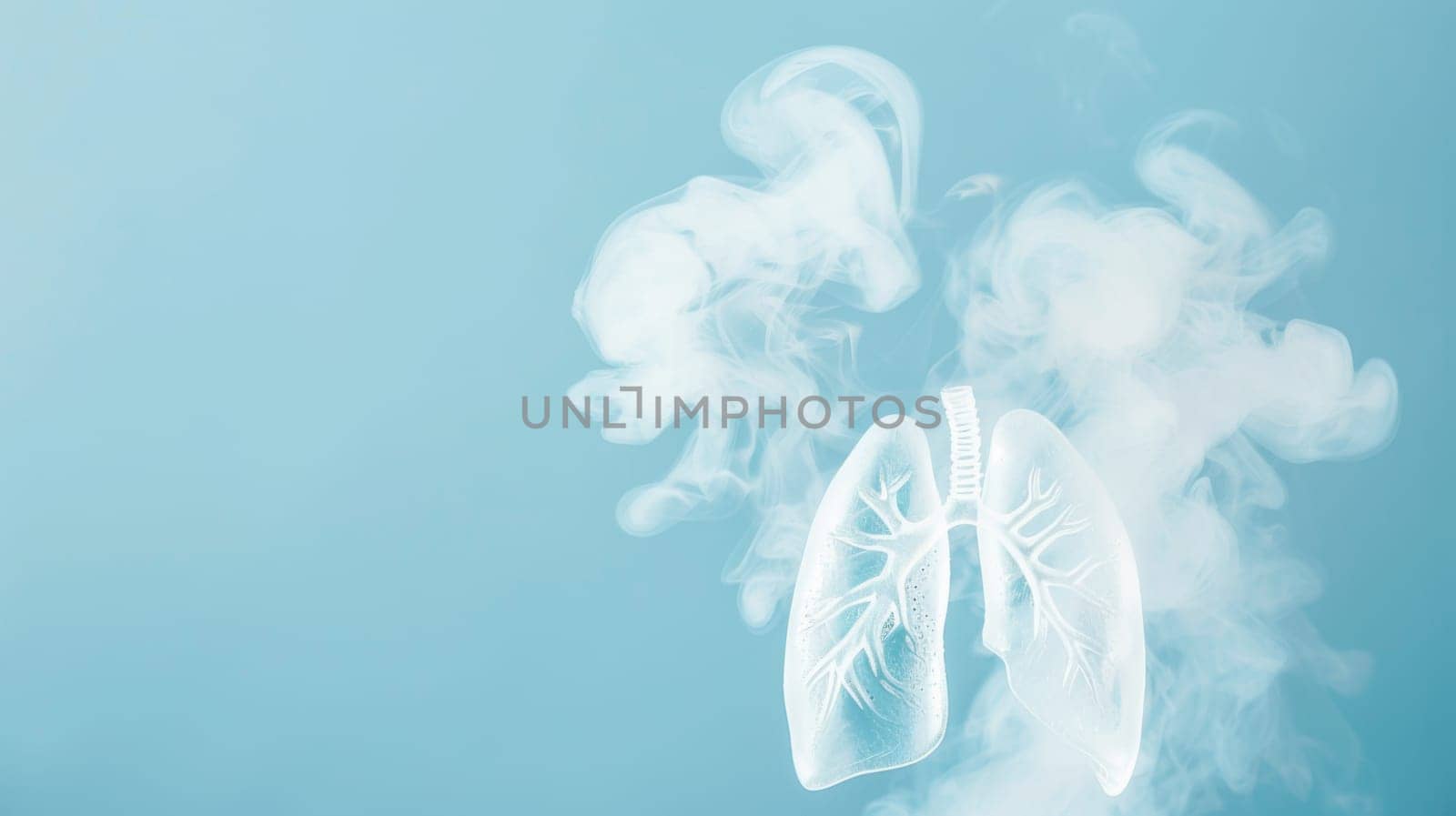 A white lung suspended in the air releasing smoke, symbolizing the harmful effects of smoking on the respiratory system. The dark smoke contrasts with the white lung, highlighting the dangers of tobacco consumption.