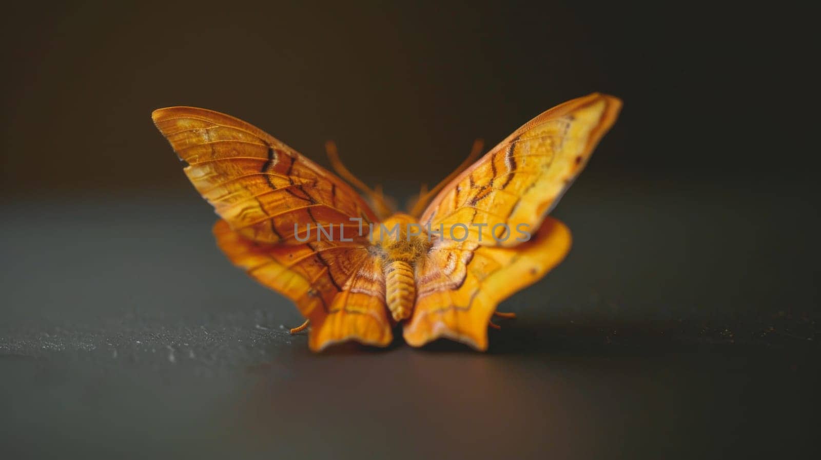 A detailed view of a butterfly perched on a table, displaying intricate patterns on its wings. The butterflys delicate antennae and legs are also visible, as it remains still on the surface.