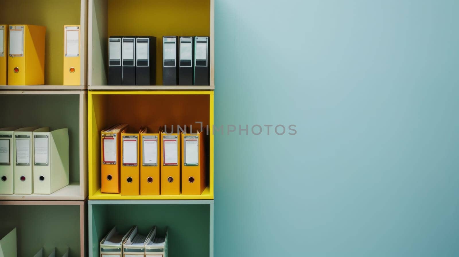A shelf next to a wall is filled with neatly arranged files and binders. The files are labeled and organized according to a system. The binders are stacked in an orderly fashion, ready for easy access.