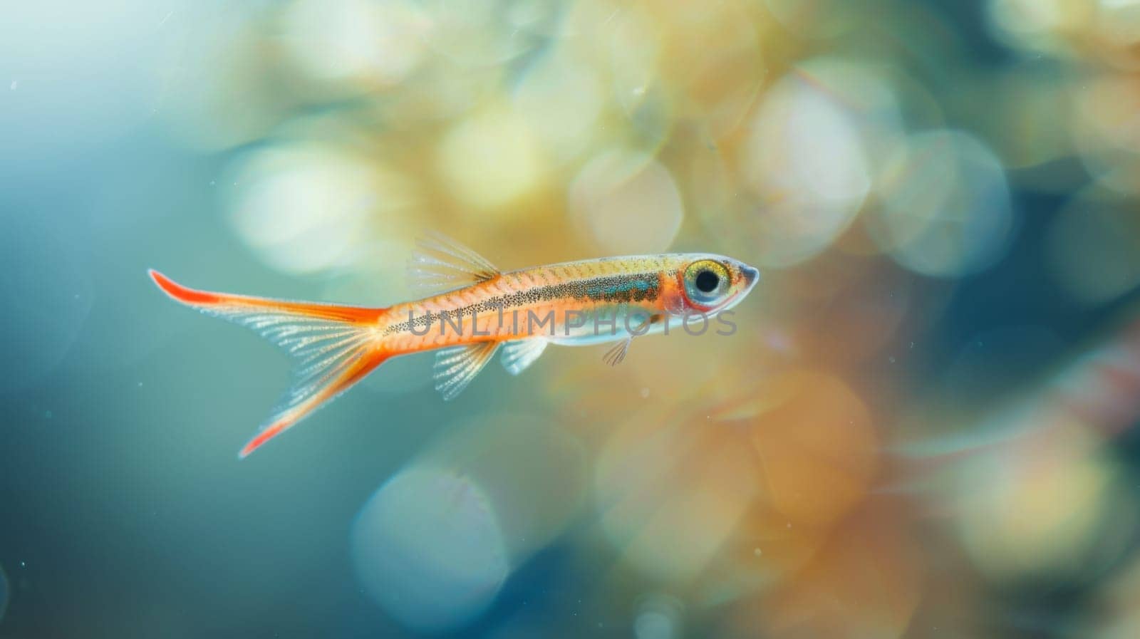 A small orange fish gracefully floats on the surface of a body of water, showcasing its vibrant color against the reflective surface. The gentle movements of the fish create ripples in the water, adding a dynamic element to the scene.
