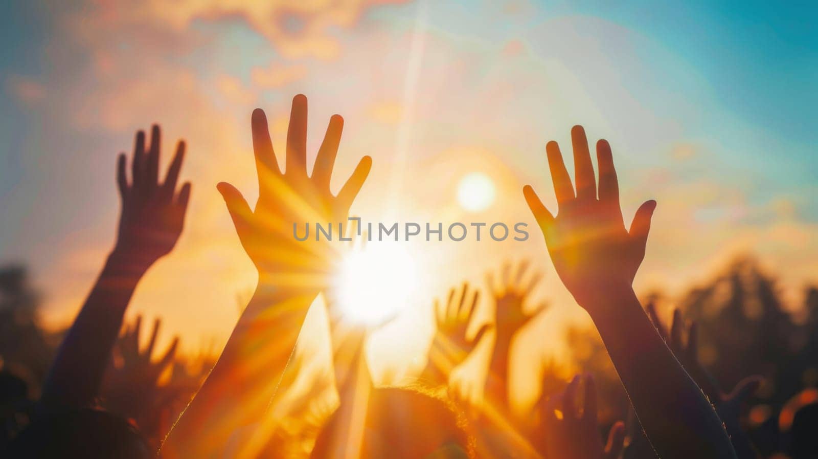 A diverse group of individuals stands together with raised hands in a show of solidarity and unity, expressing support or celebration.