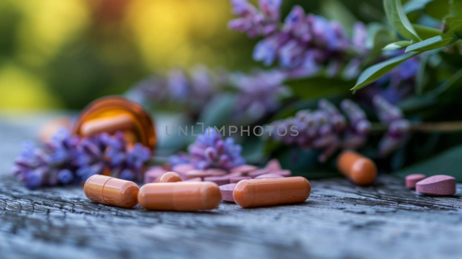 A variety of pills are scattered across a wooden table, with different shapes, sizes, and colors visible. The pills are placed haphazardly on the surface, creating a contrast with the natural texture of the wood.