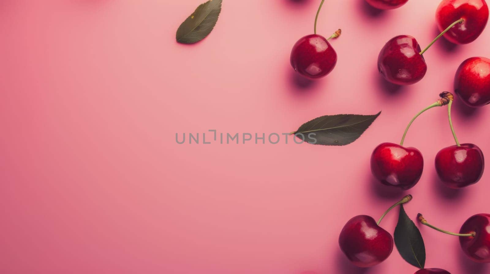A cluster of ripe cherries with green leaves arranged neatly on a bright pink background. The vibrant red cherries contrast beautifully with the delicate green leaves in this simple yet striking composition.