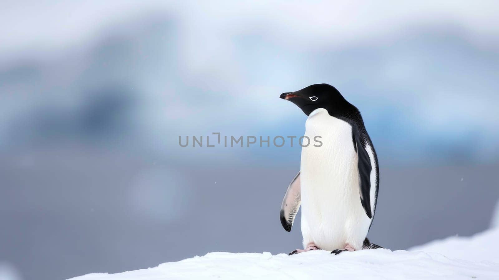 A penguin is standing on top of a snow-covered hill, its black and white feathers stark against the white snow. The penguin appears to be looking around its surroundings, possibly on the lookout for food or predators. The hill is covered in fresh snow, with no footprints or signs of other animals around.