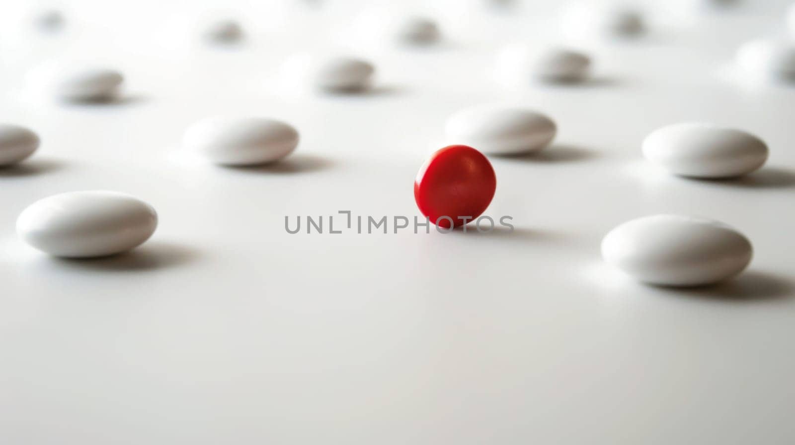A collection of white and red pills is neatly arranged on top of a table, creating a stark contrast in colors. The pills are various shapes and sizes, placed in a random pattern.