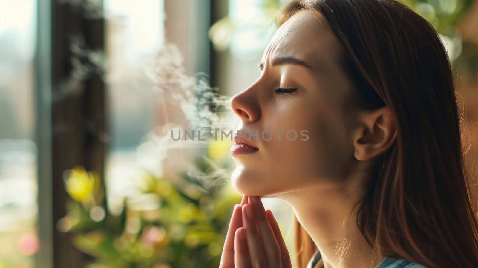 A woman stands with her eyes closed, deep in prayer. Her hands are folded in front of her chest, and her expression is one of focus and reverence.