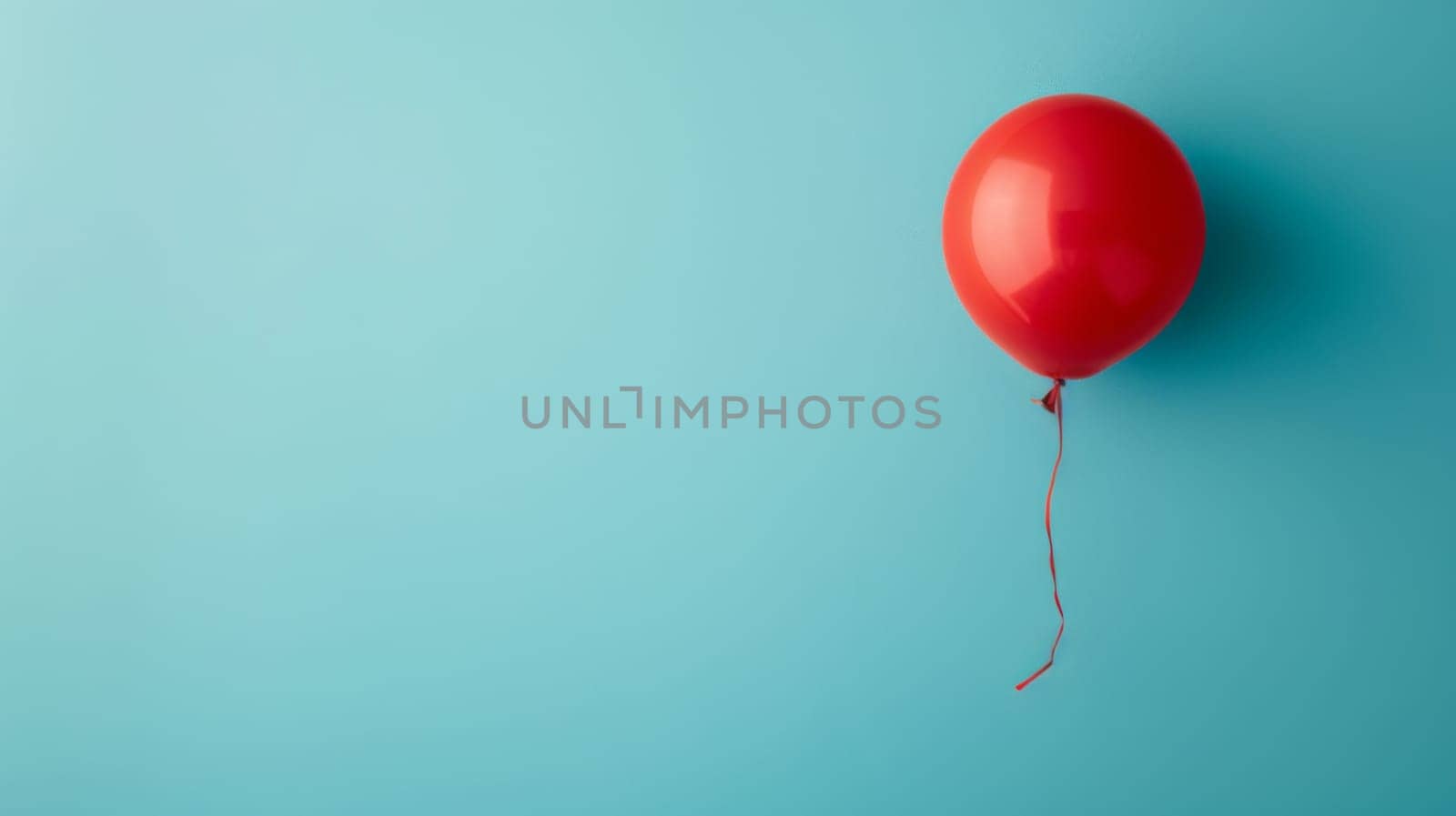 A single red balloon floats gently in the air against a plain blue background. The balloon appears to be filled with helium, causing it to rise gracefully and freely.