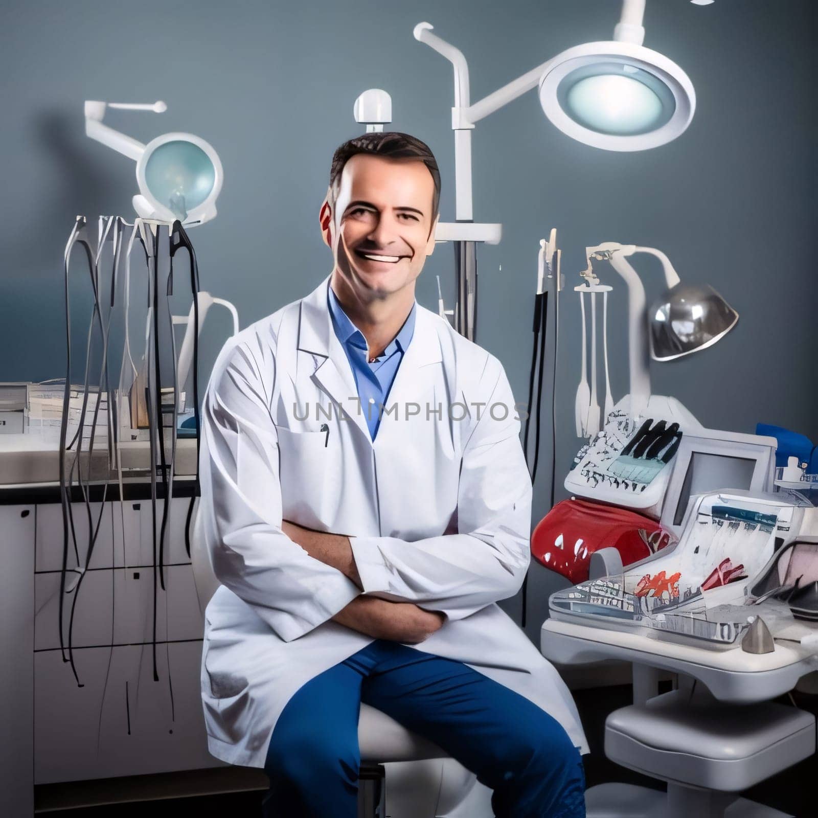 Hospital and doctors help: Portrait of smiling male dentist sitting with arms crossed in dental office
