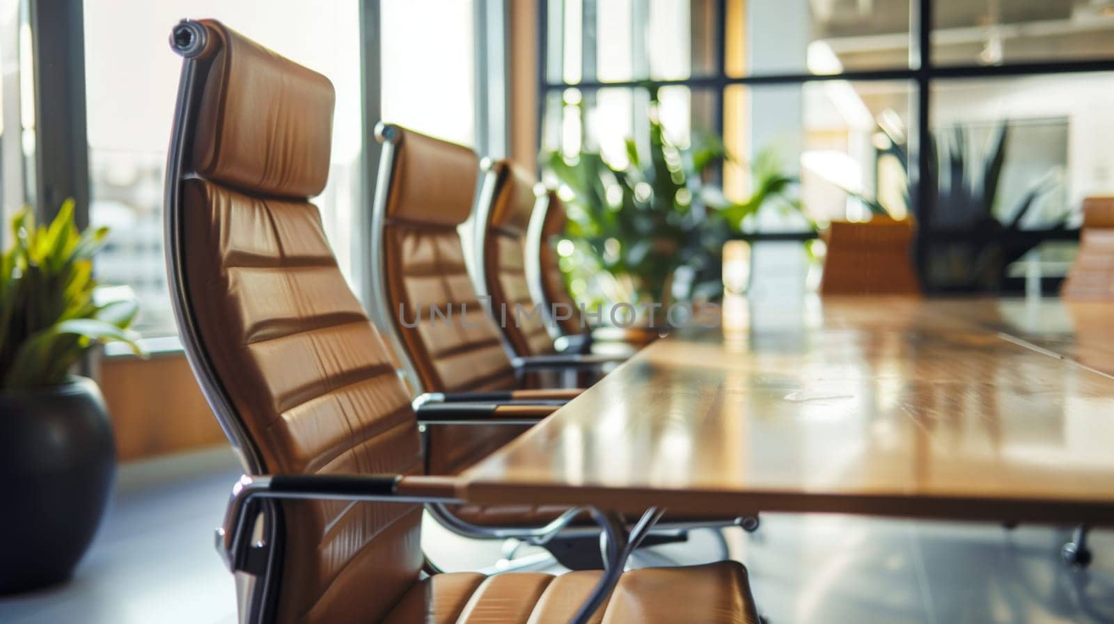 A conference room featuring a large wooden table surrounded by matching chairs. The room is well-lit with overhead lighting, and the walls are painted a neutral color. The chairs are neatly arranged around the table, ready for a meeting to begin.