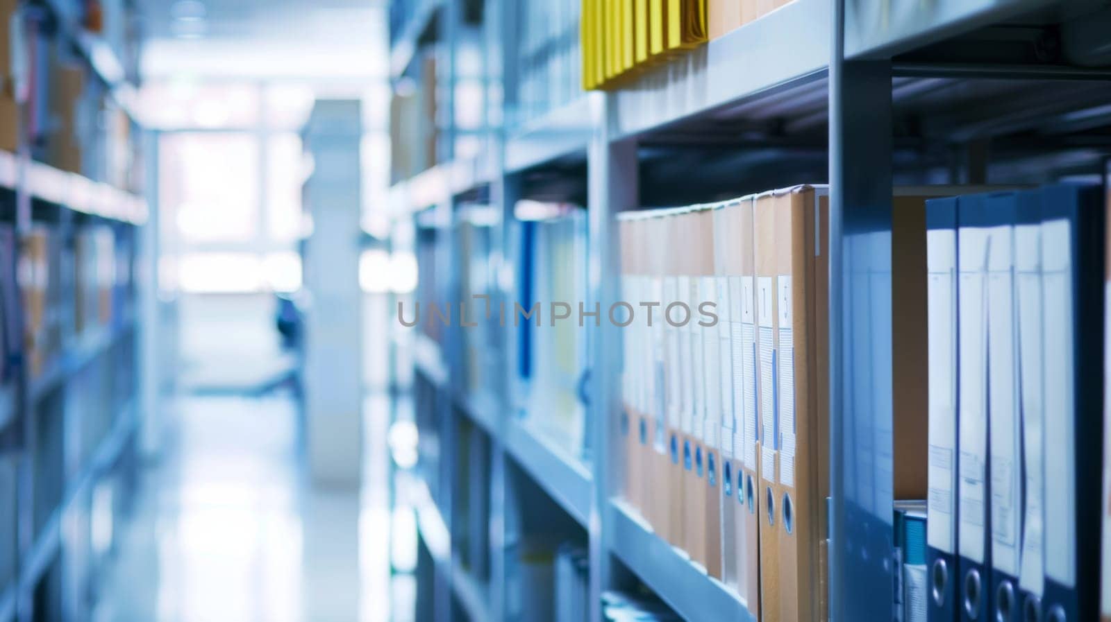 A long row of metal shelves filled with neatly organized files and folders. The files are stacked in a systematic manner, creating a sense of order and efficiency in the storage space.