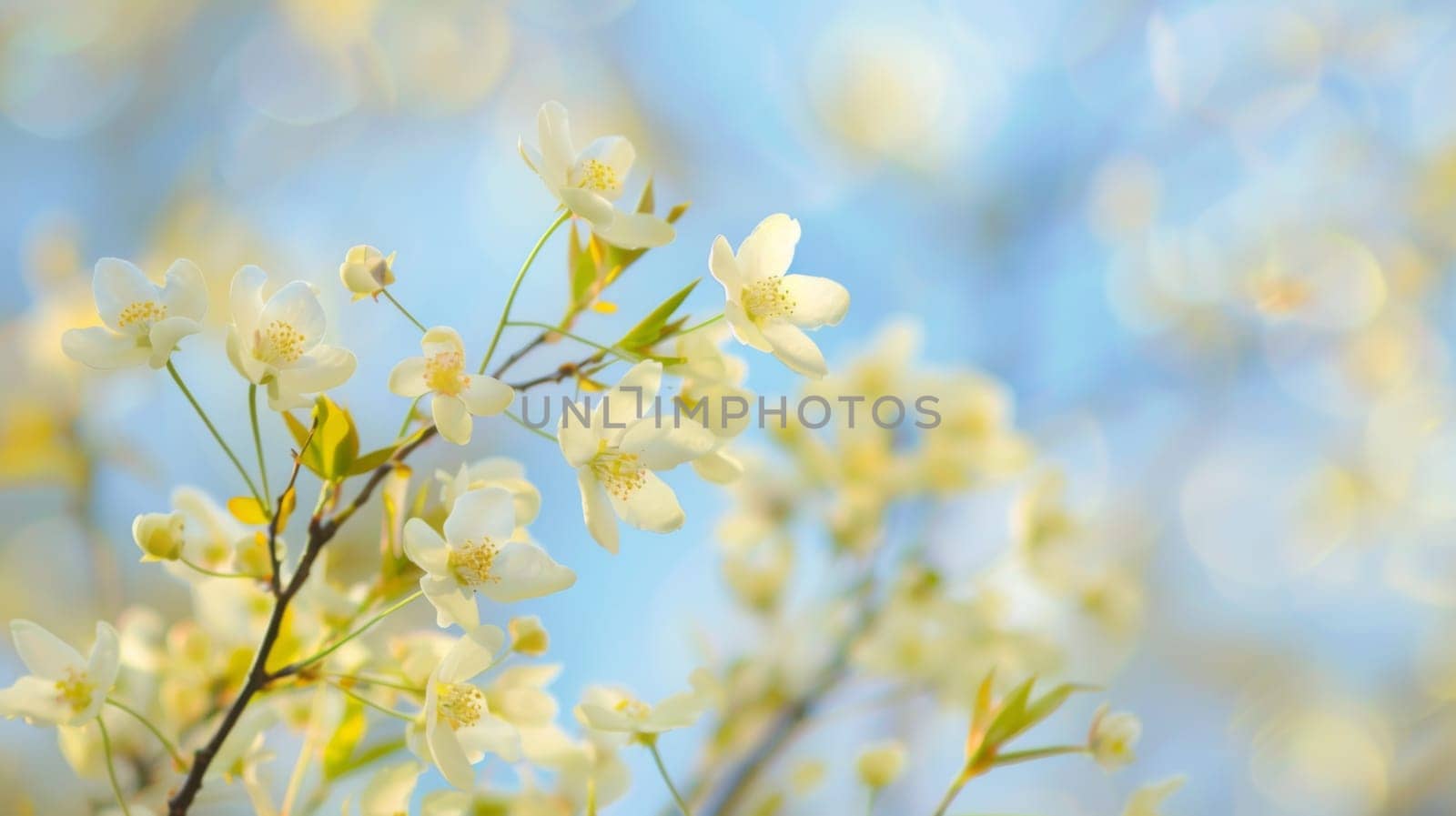This close up shows a tree with white flowers in full bloom. The delicate petals contrast against the green leaves, creating a beautiful natural scene.