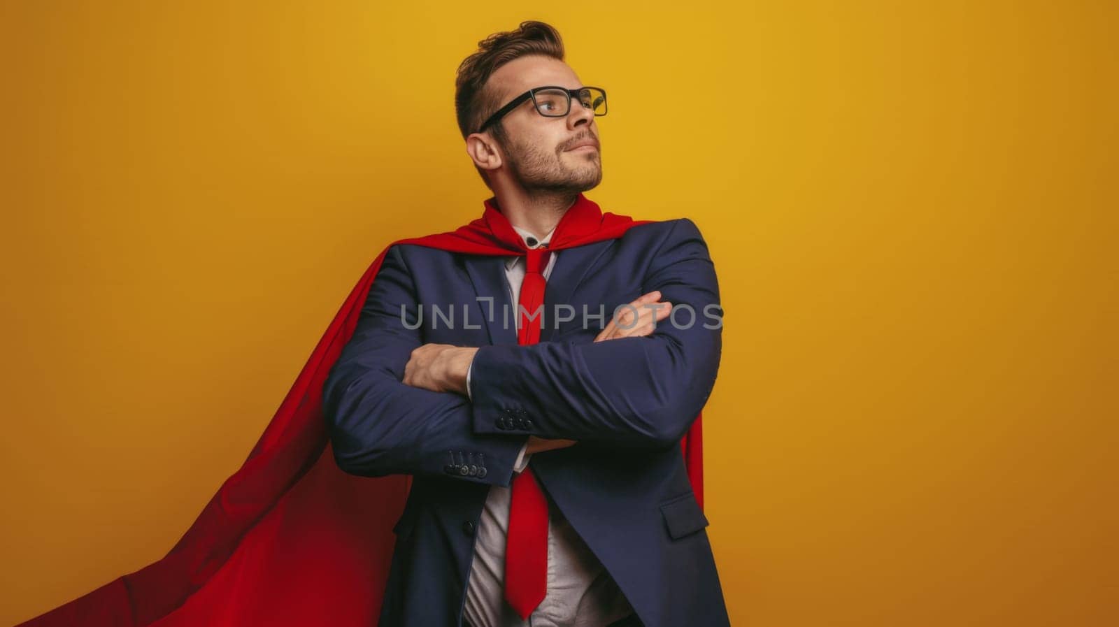 A man dressed in a formal suit and a vibrant red cape stands confidently with his arms crossed. The scene exudes power and authority as the man displays a strong and determined posture.