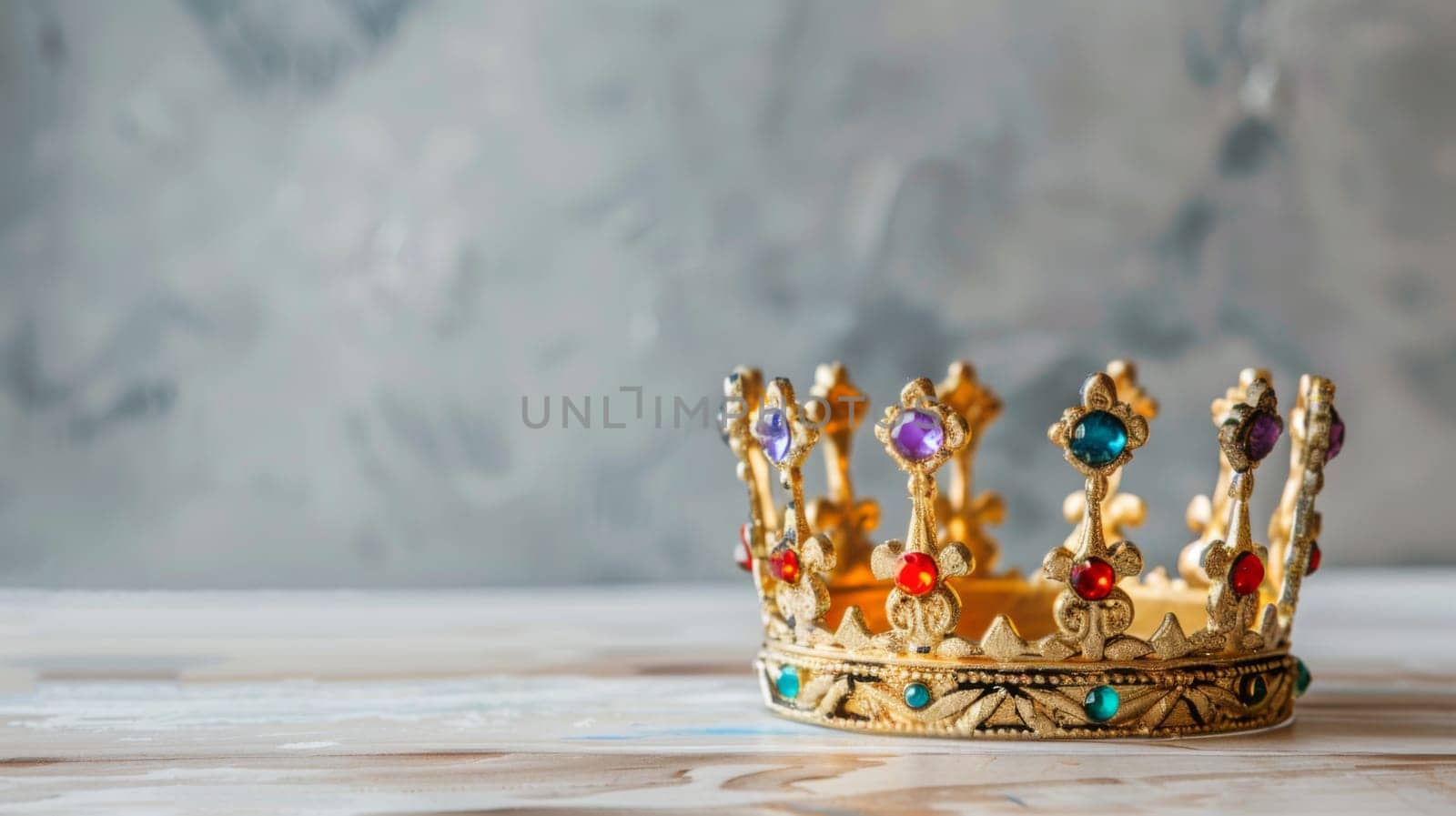 A regal gold crown is placed elegantly on top of a sturdy wooden table. The intricate details of the crown gleam under the light, showcasing its royal craftsmanship.