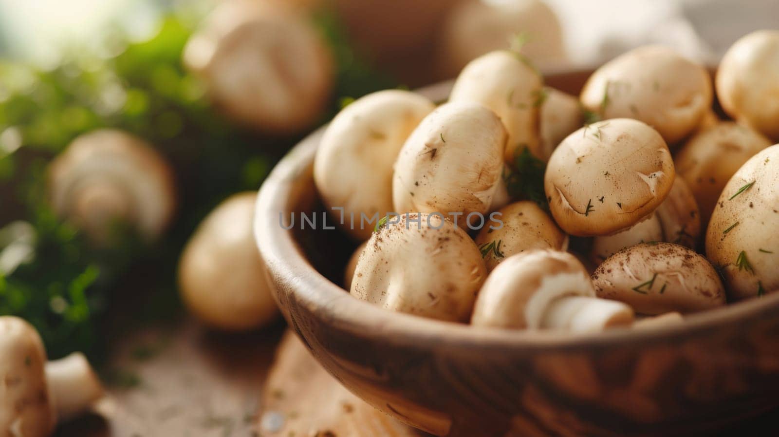 A wooden bowl sitting on a table, overflowing with an assortment of freshly picked mushrooms. The rich earthy tones of the mushrooms contrast beautifully against the natural wood of the bowl.